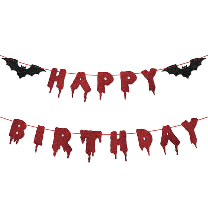 Red Glittery Happy Birthday Halloween Banner - Halloween Hanging Paper Garland Bunting Banner Bloody Bat Vampire Decorations, Photo Backdrop for Wall