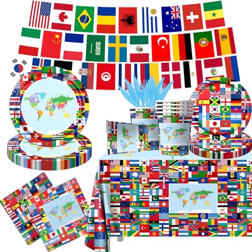 International World Flags Tableware Set, 142Pcs International Flags Decorations Plates and Napkins, Cups,Banner,Flags Tablecloth for Travel Trip