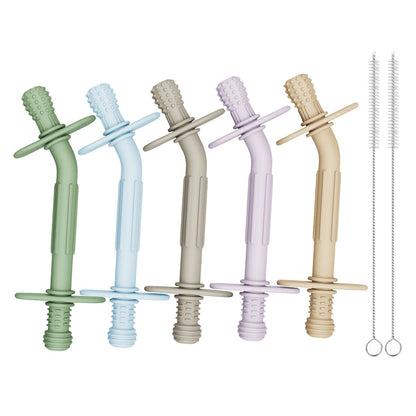 WALULAN Teething Toys for Babies 36+ Months, 5 Pack Silicone Teething Straws,Soft Chewable Sensory Aid for Molar Discomfort, Infant Oral Development