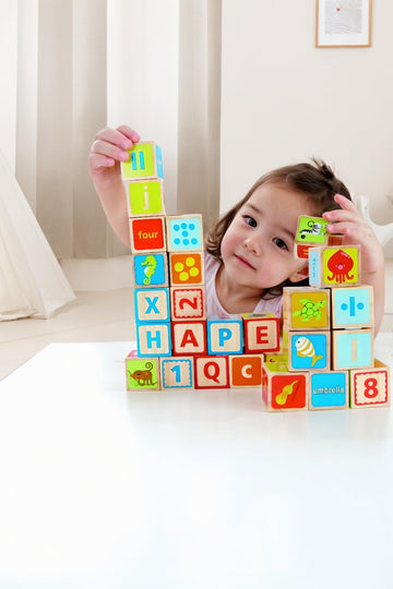 Hape Wooden 26 Pcs Alphabet and Numbers Stacking Blocks with Pictures| Educational Preschool Learning Toys for Toddlers