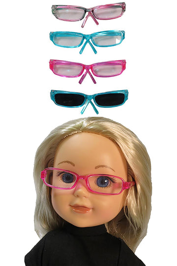American Fashion World 4-Pack Rectangular Glasses for 14.5 Inch Dolls - Pink & Green, Teal, Pink & Blue Sunglasses