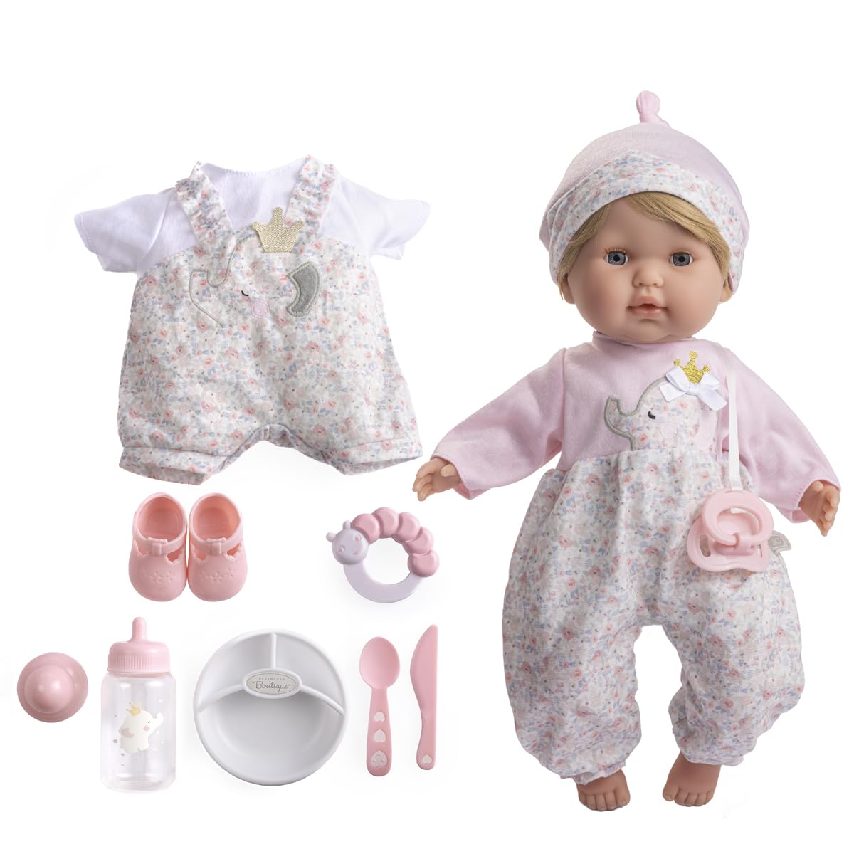 JC Toys Nonis Boutique 15" Realistic Soft Body Baby Doll with Blonde Hair, Blue Eyes, Open/Close Eyes | 10 Piece Gift Set with Bottle, Rattle