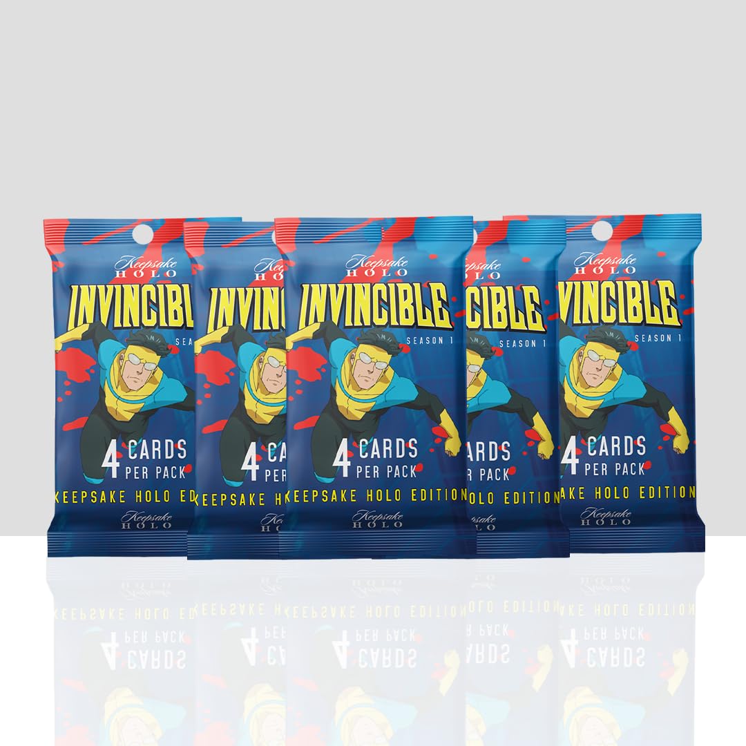 Invincible Season 1 Keepsake Holo Hanger Pack: 4 Cards Per Pack, Holo Mirror Finish, 600-Card Checklist, Numbered Parallels, Chase Relics, Featuring