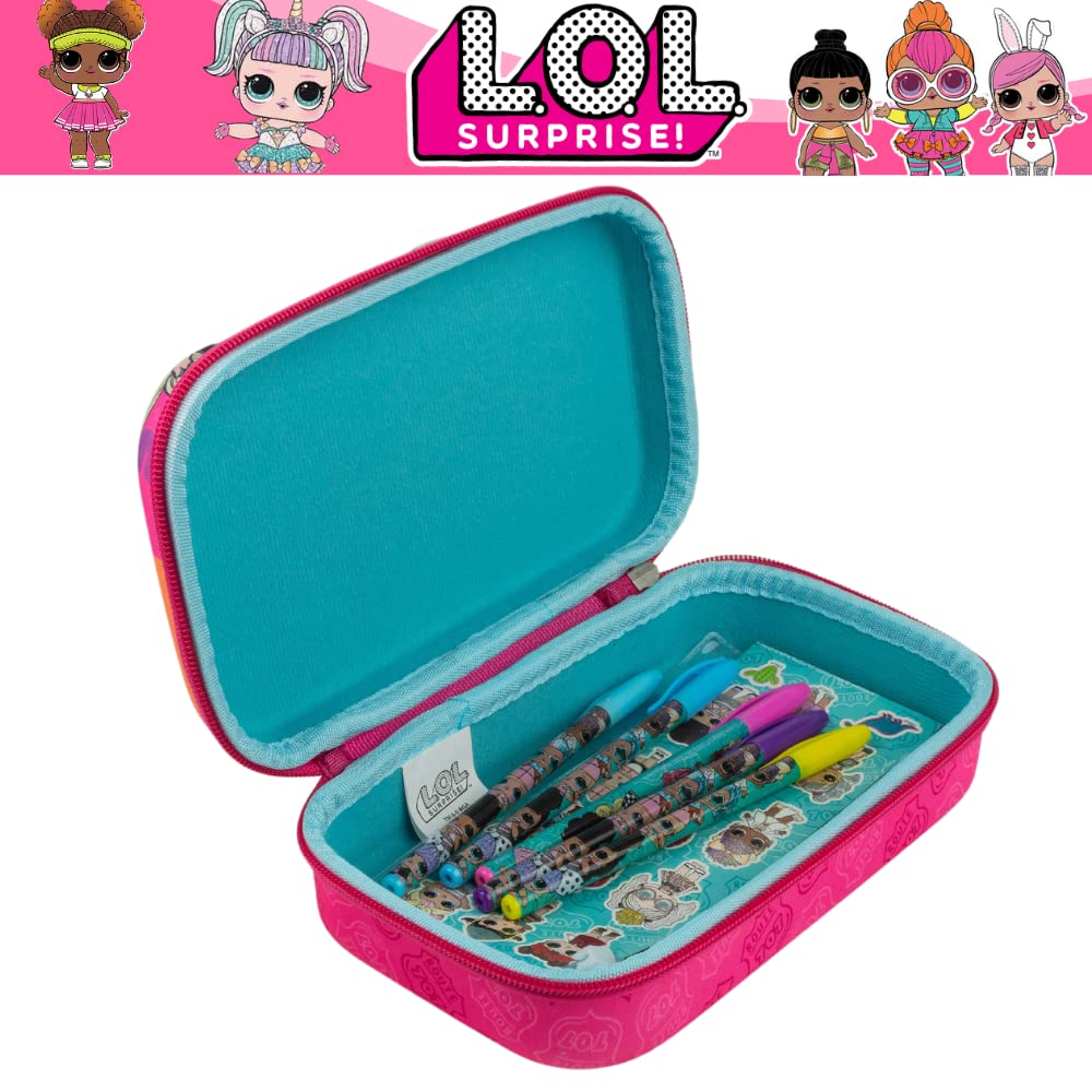 Innovative Designs LOL Surprise Dolls Pencil Case Set with LOL Stickers and Gel Pens for Girls, Molded with Zip Closure, Pink