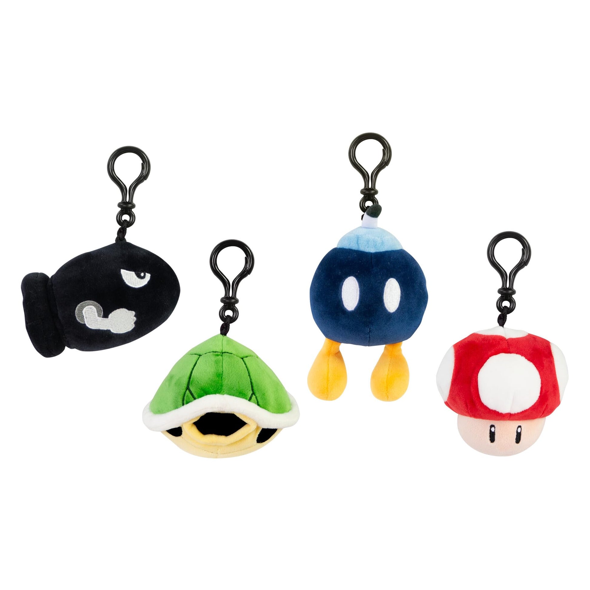 Club Mocchi- Mocchi- Super Mario Clip-On Plush Toys - Bullet Bill, Green Shell, Mushroom & Bob-omb - Officially Licensed Soft Keychain Plushie - Kids