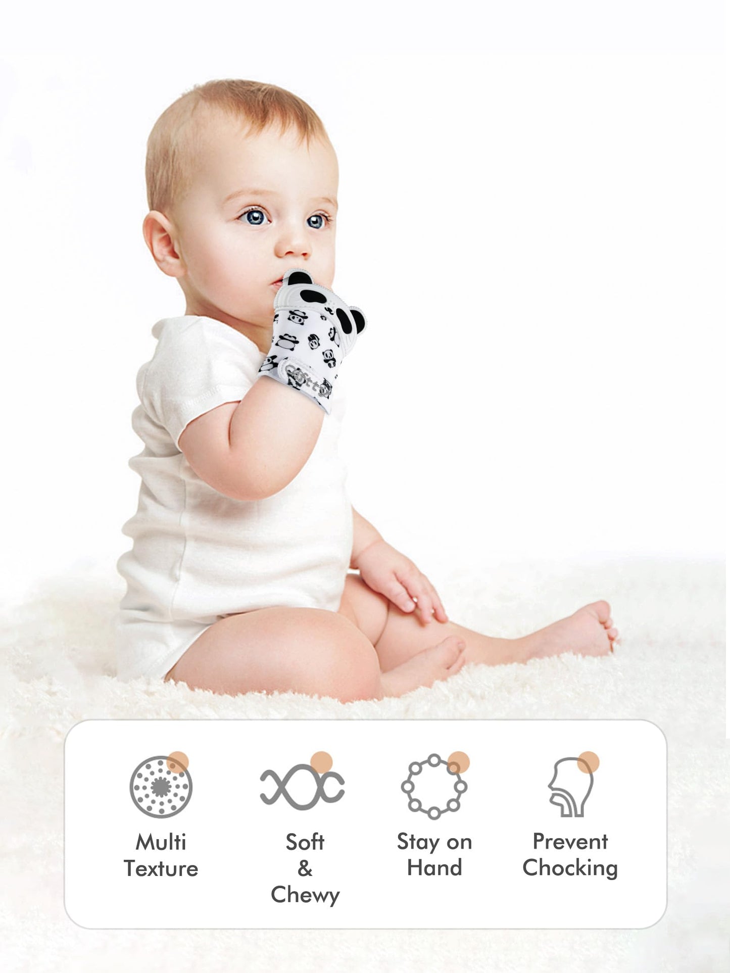 Giftty Baby Teething Mitten Panda Hand Teether Soothing Glove Wearable Teething Toy with Crinkle Sound, Multi Textured for Infants 3-12M (1 Pair)