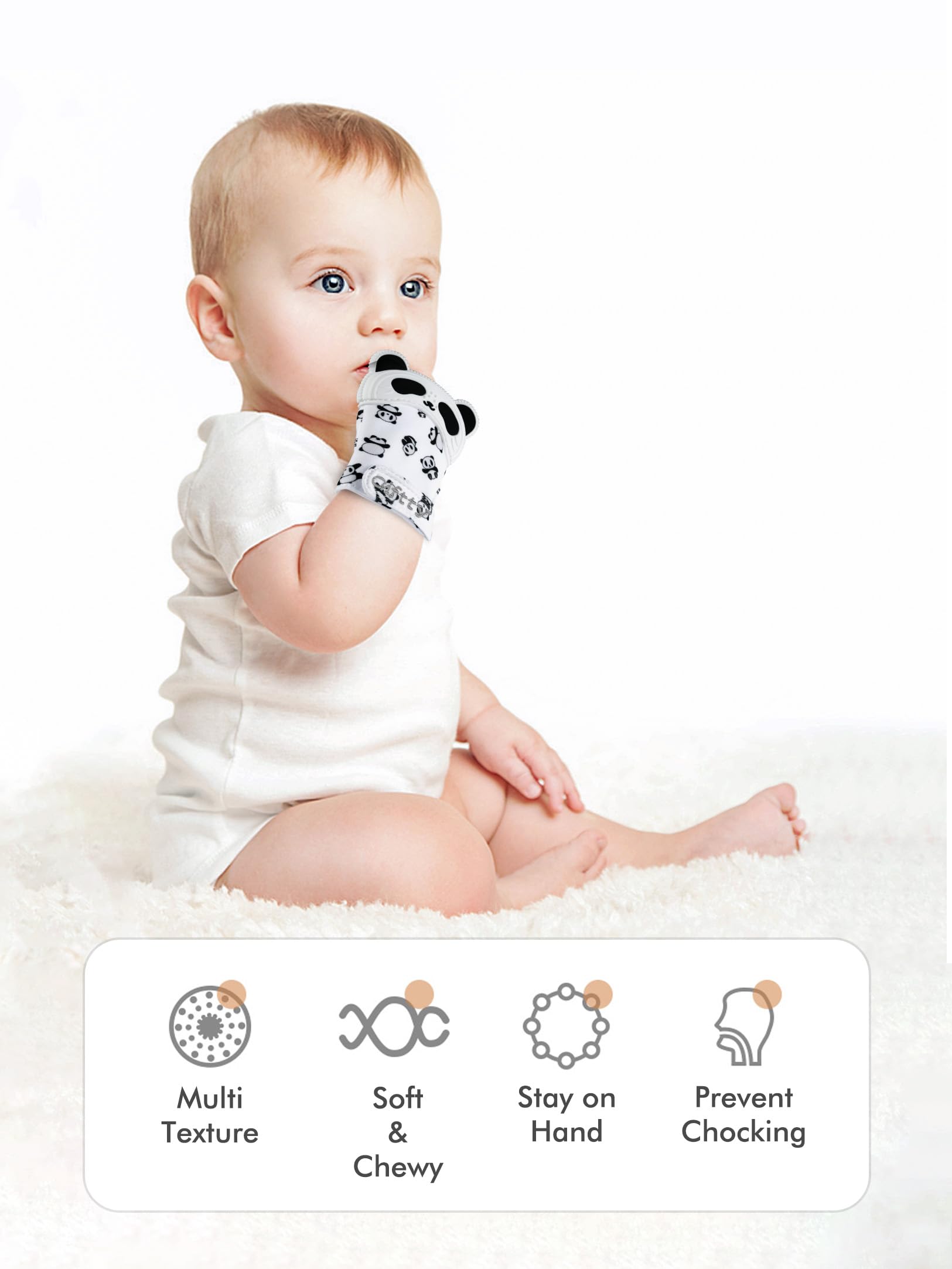 Giftty Baby Teething Mitten Panda Hand Teether Soothing Glove Wearable Teething Toy with Crinkle Sound, Multi Textured for Infants 3-12M (1 Pair)