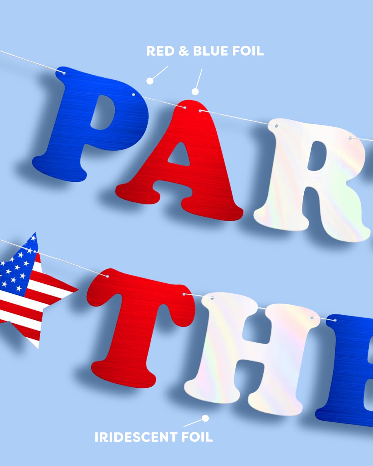 xo, Fetti Party in The USA Fourth of July Foil Banner - Red, White + Blue Foil 5 Ft. | USA Party Favors, American Flag Party Supplies, 4th of July