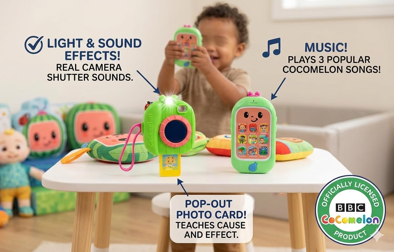 CoComelon Official Musical Cell Phone & Camera Toy Set - Interactive Pretend Tech with Lights, Sounds & JJ’s Song - Educational Learning Gift