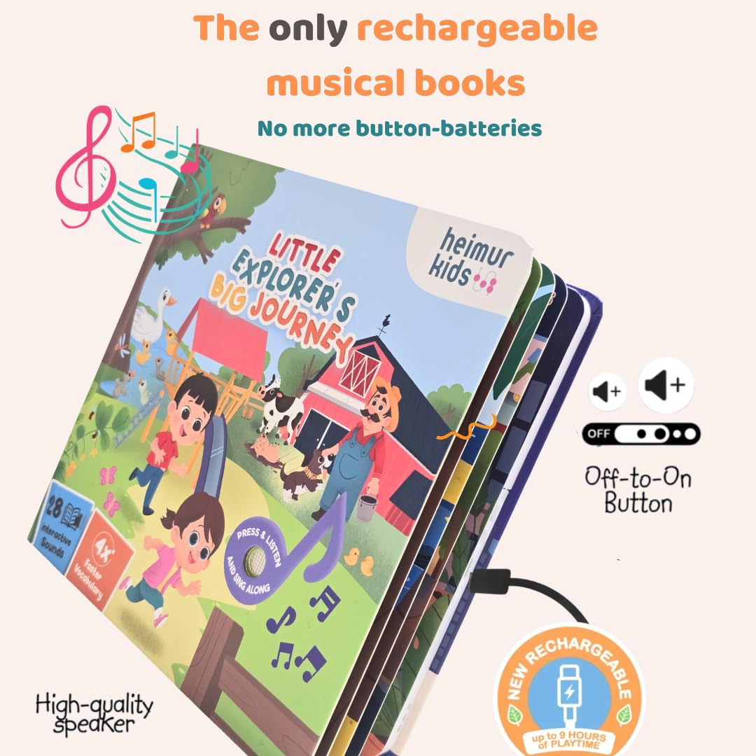 HEIMUR KIDS Little Explorer's Big Journey Sound Book | 28 Button Interactive Toddler Learning Toy | USB-C Rechargeable Nursery Rhymes & First Words