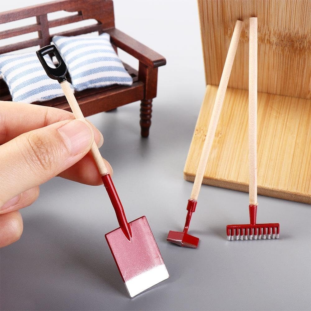 3 Pcs Red Miniature Garden Tools 1:12 Mini Shovels and Rake Farm Tools Fairy Garden Dollhouse Accessories Furniture Toy Sets