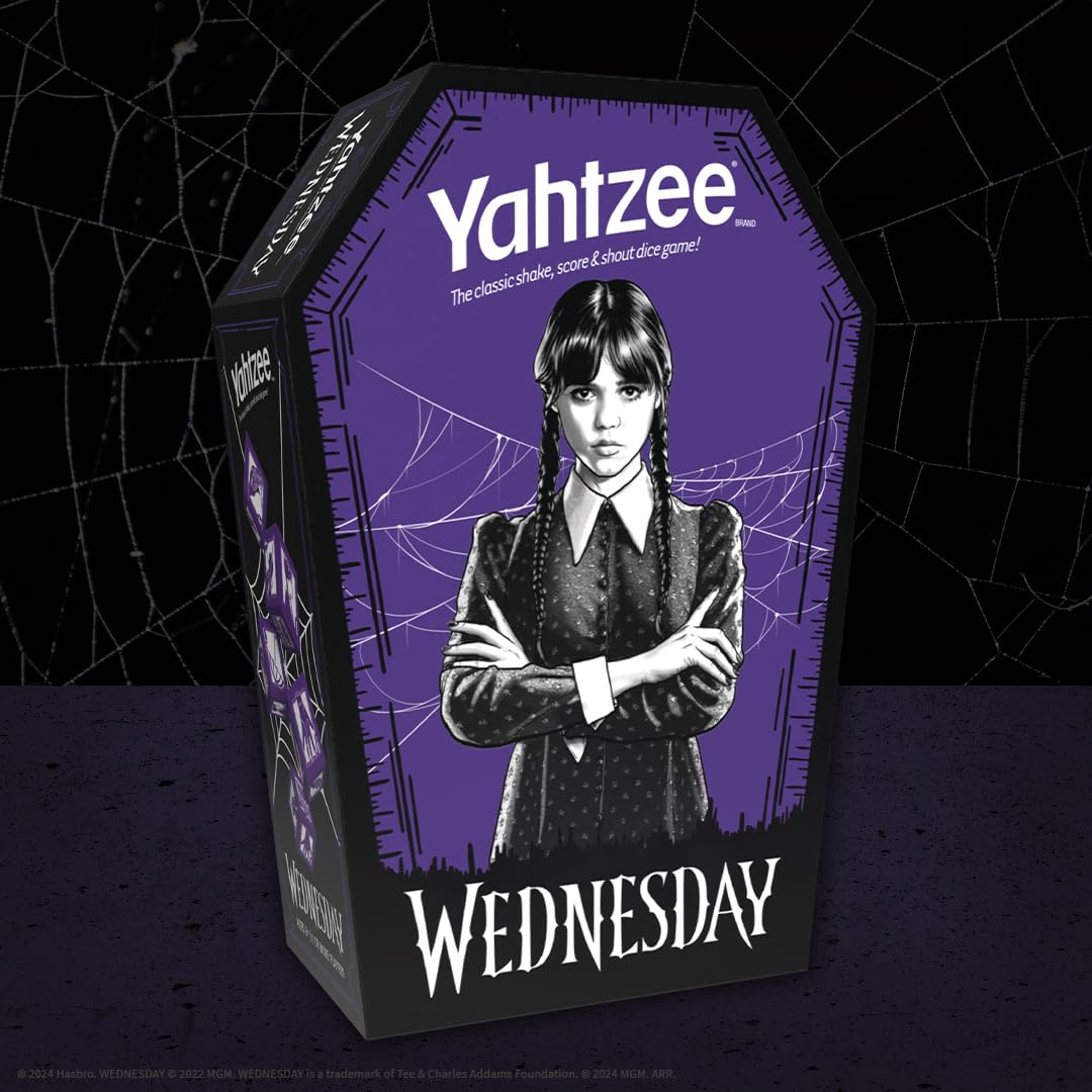 Yahtzee: Wednesday Dice Game, Collectible Flocked Interior Coffin Dice Cup, Classic Game Based on Addams Family Character Wednesday Addams, Officially