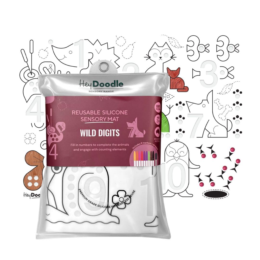 HeyDoodle Wild Digits Sensory Mat - Reusable Silicone Activity Mat for Kids with Educational Themes & Debossed Areas - Doodle Pad Set Includes 9