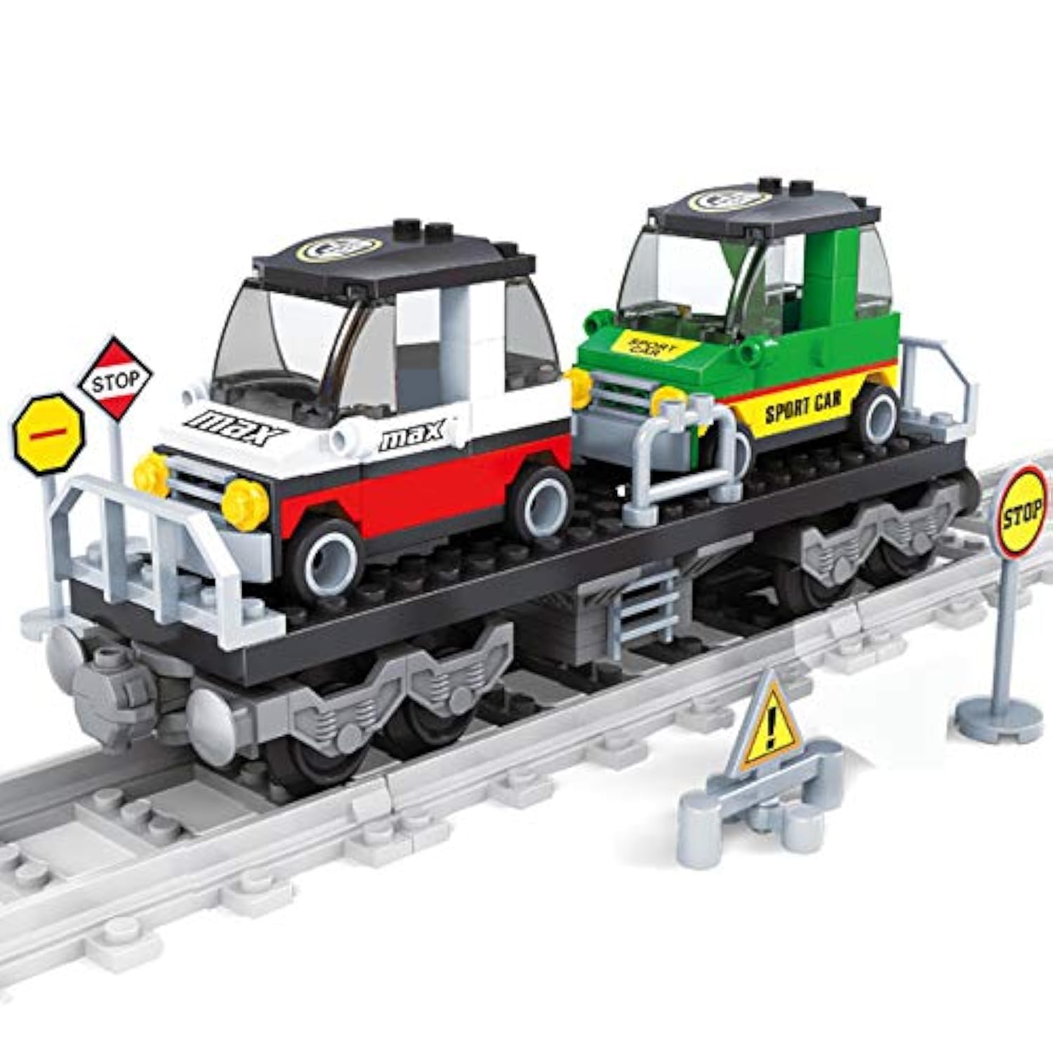 General Jim’s Railway Flatbed Train Car with Cars Building Block Set, 186 Pieces, Brick Built Cargo Rail Transport Model, Compatible with L Scale