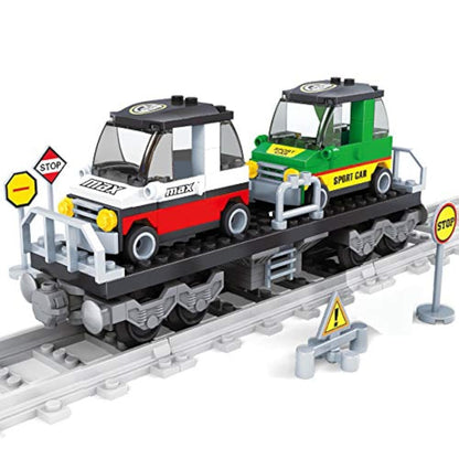 General Jim’s Railway Flatbed Train Car with Cars Building Block Set, 186 Pieces, Brick Built Cargo Rail Transport Model, Compatible with L Scale