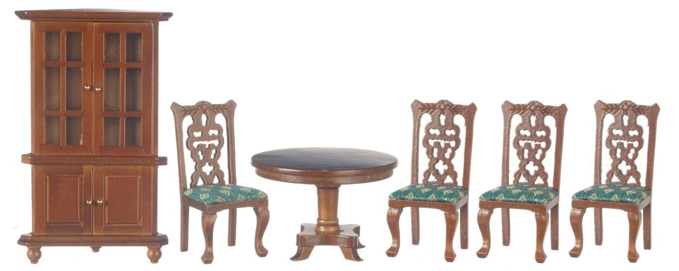 Dollhouse Miniature 1:12 Scale 6 Pc Walnut and Green Dining Room SET #T0108