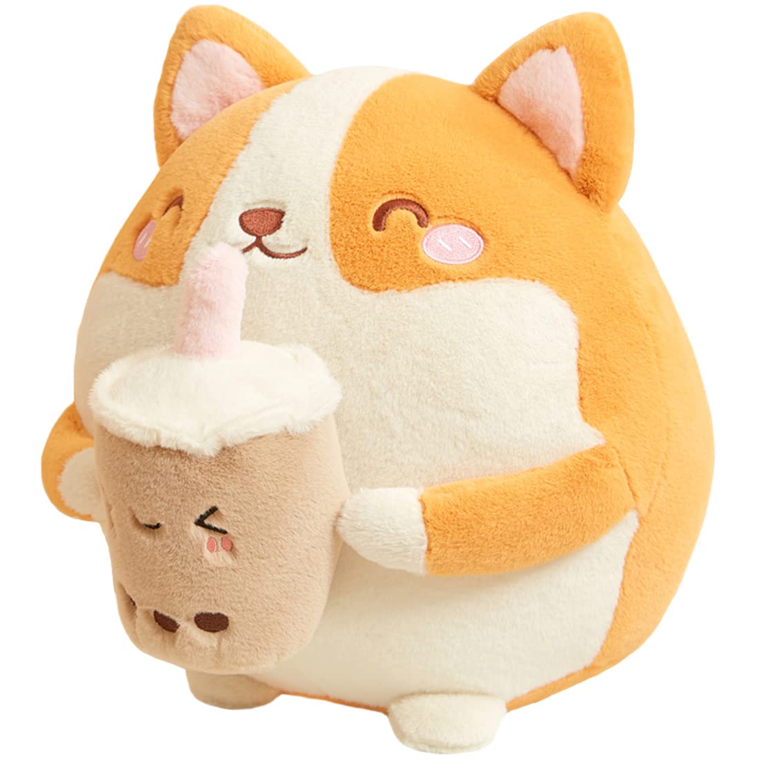 ELAINREN Cuddle Boba Corgi Plush Toy Soft Stuffed Corgi Dog with Cup of Milk Tea FurryBoba Tea Akita Puppy Plushie Doll/11.8''
