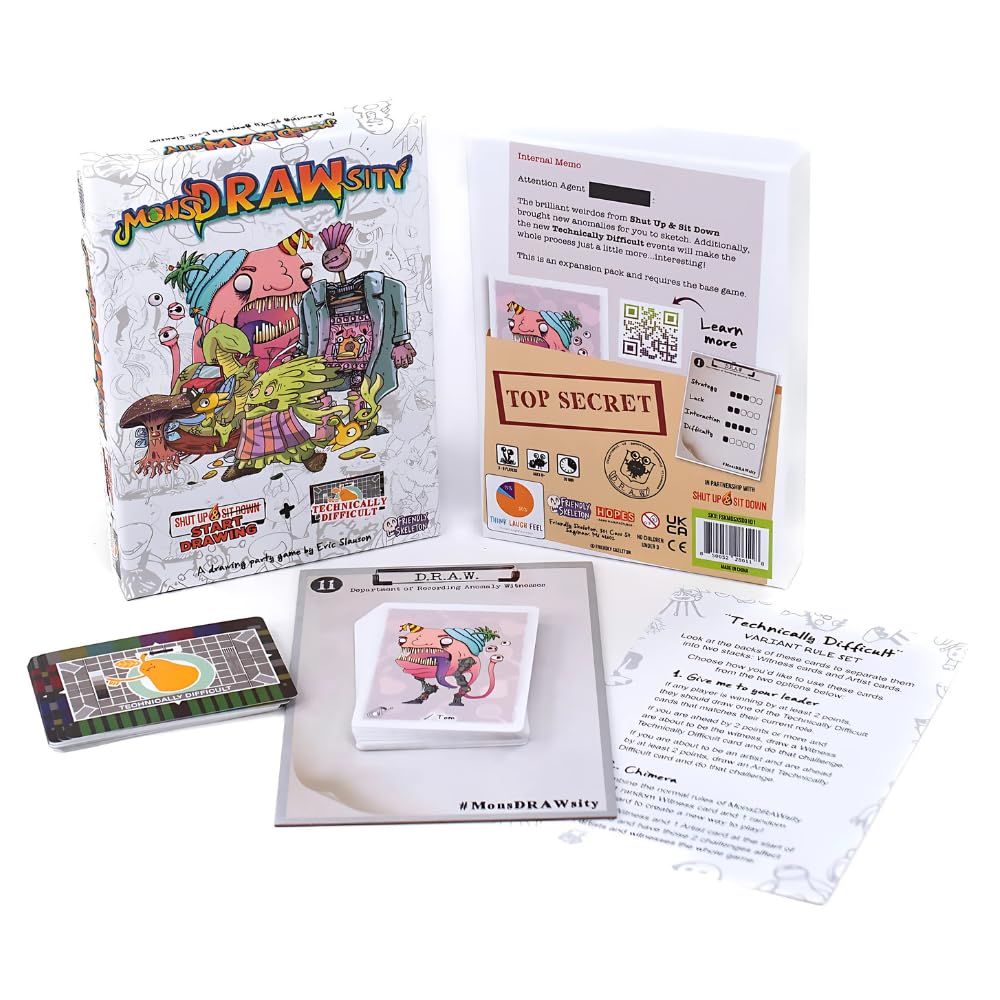 Friendly Skeleton, MonsDRAWsity The Board Game Bundle: Unusual Suspects, SUSD Draws & Technically Difficult Expansion, and Enamel Pin (3 Items)