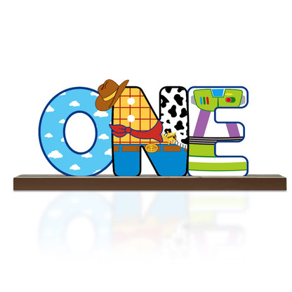 Cartoon Story One Letter Sign Wooden Table Centerpiece, Toy Inspired Themed Cowboy 1st Birthday Party Decoration, Toy Theme Party Supplies Baby Shower