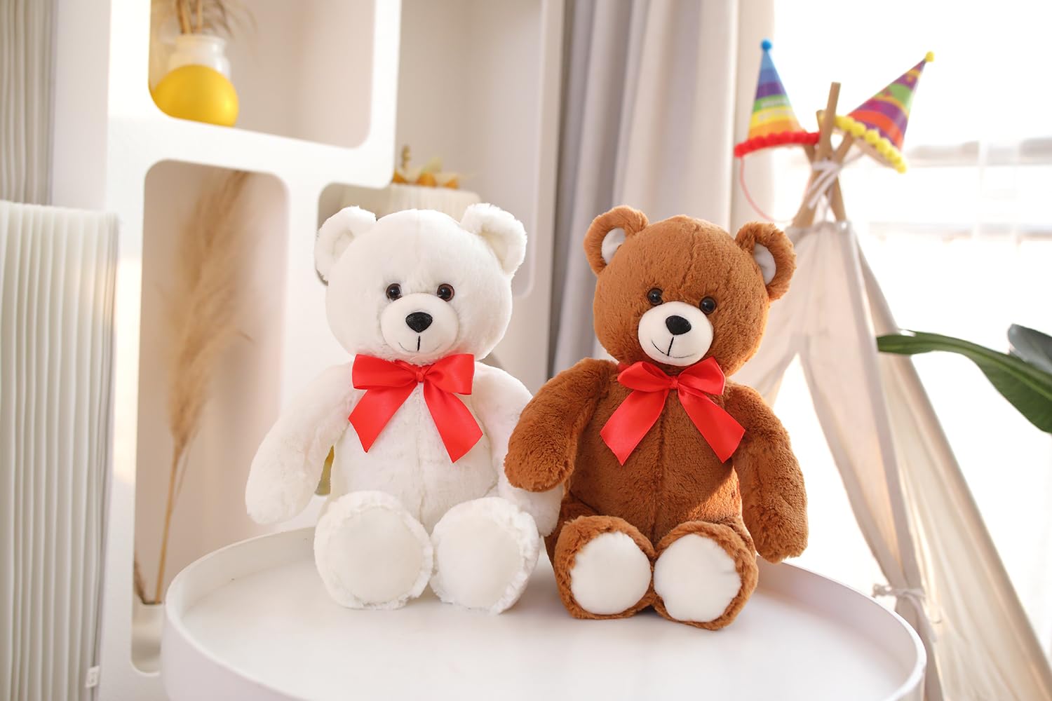 Plushland 15" Sitting Brown Fluffy Bear with Bowknot - Soft Plush Teddy Bear for Kids & Adults - Cuddly Stuffed Animal Gift for All Ages - Adorable