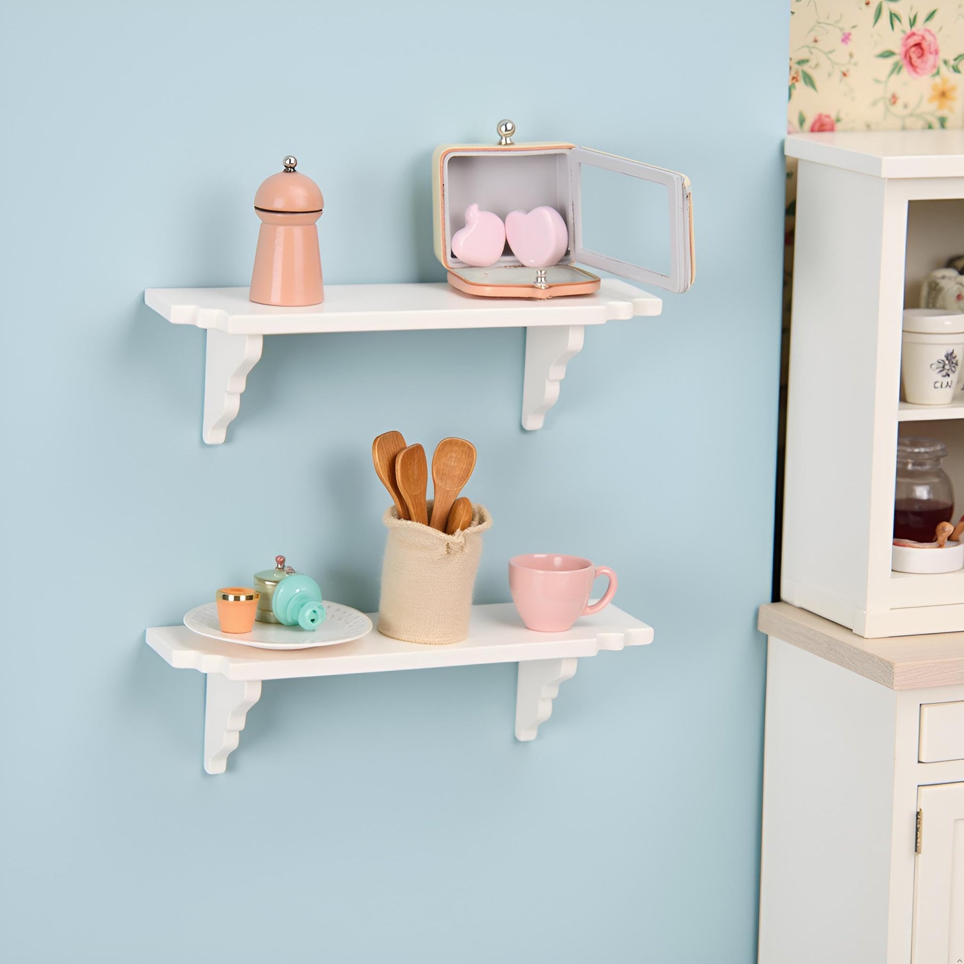 White Dollhouse Wall Shelf, 1/12 Scale Miniature Dollhouse Accessories, White Doll House Storage Wall Shelf Dollhouse Furniture for Kitchen Scene