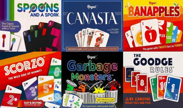 Regal Games Fun Card Games Set for Adults - Canasta, Spoons and a Spork, Garbage Monsters, ScorZo, The Goodge Rules, and Banapples Decks - Fun