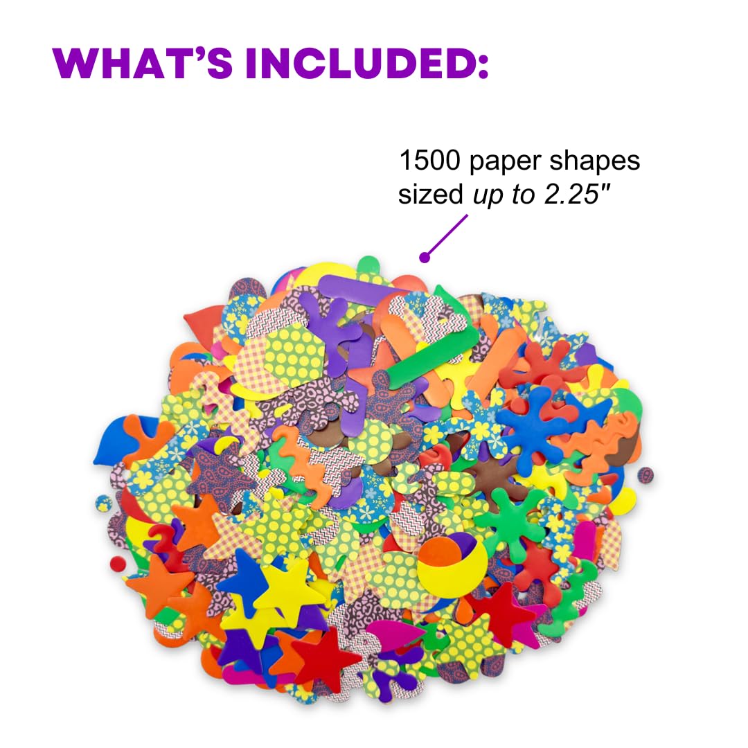 Roylco Paper Popz - 1500 Pre-Cut Patterned Paper Shapes, Assorted Colors & Designs up to 2.25", Kids Collage, Scrapbook & Mosaic Craft Supply, Made in
