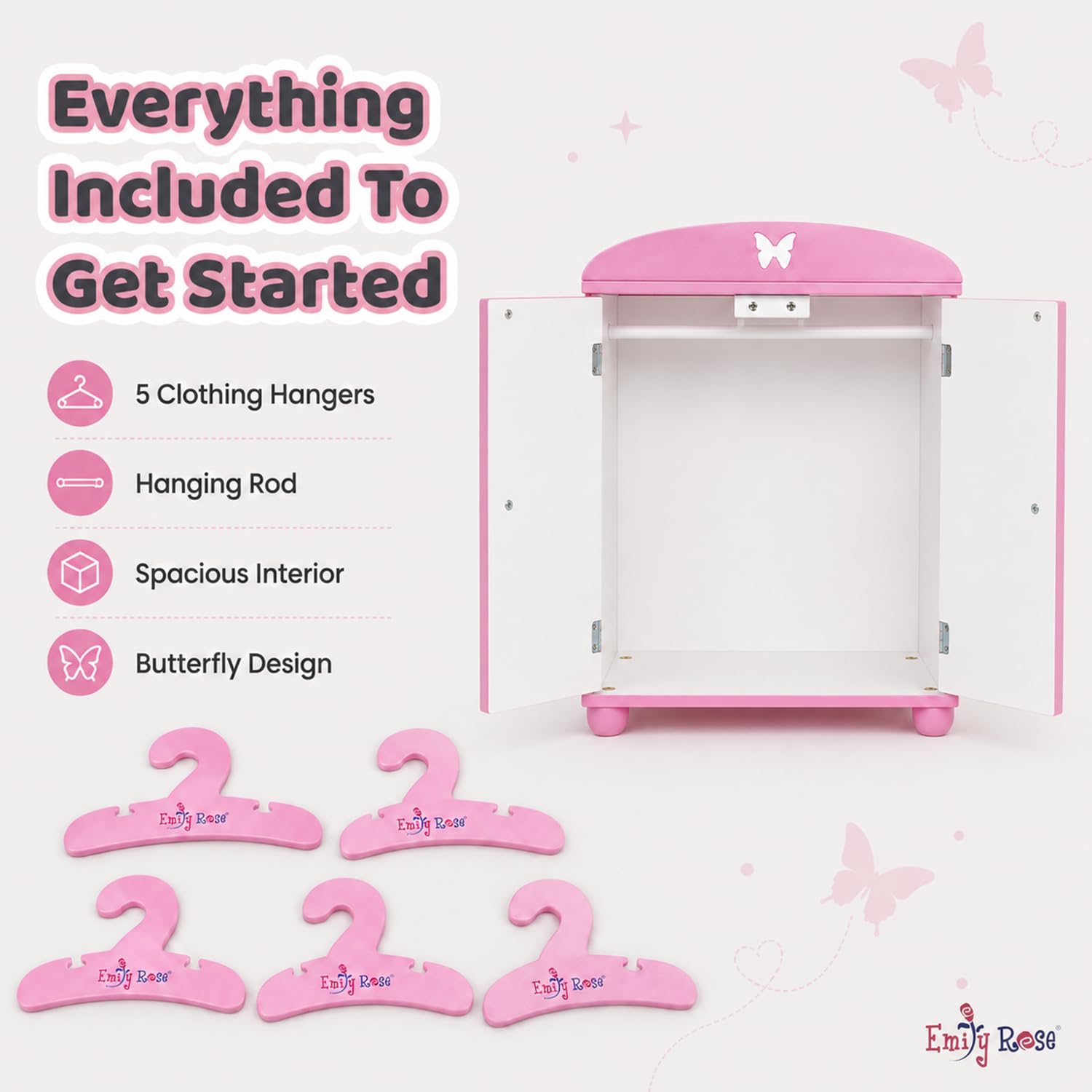 Emily Rose 18 Inch Doll Clothes Storage Closet w/5 Notched Hangers - Pink