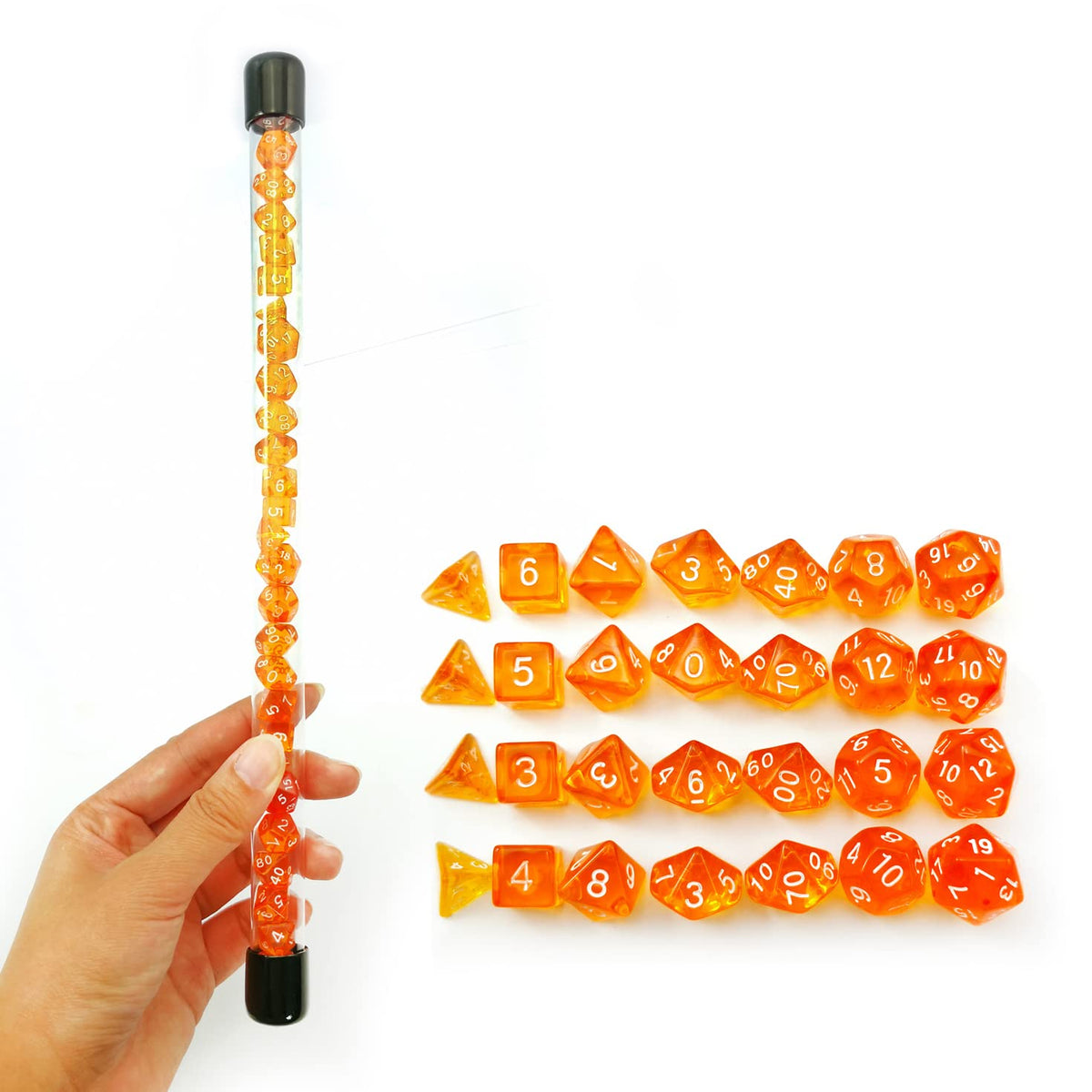 Bescon 28pcs Translucent Orange Mini Polyhedral Dice Set in Tube, Small Role Playing Polyhedral Dice 4X7pcs,Mini Gem Dice Set