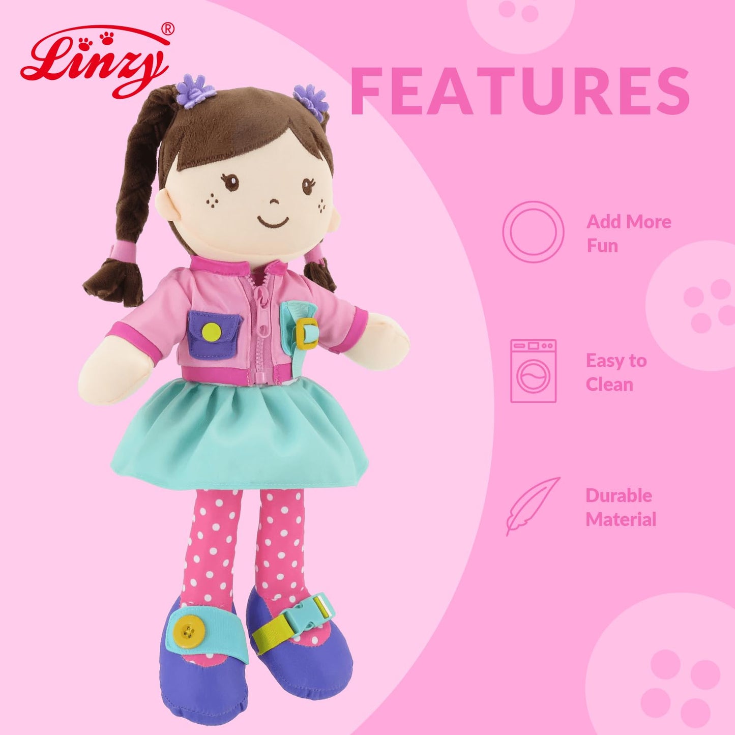 Linzy 15" Learn to Dress Stuffed Doll with Pink Jacket, Educational Montessori Doll for Toddlers, Soft Buckle Toy Gifts for 2 Year Old Girls