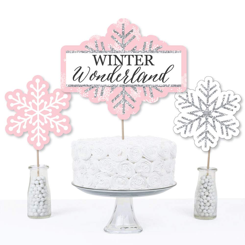 Big Dot of Happiness Pink Winter Wonderland - Holiday Snowflake Birthday Party or Baby Shower Centerpiece Sticks - Table Toppers - Set of 15