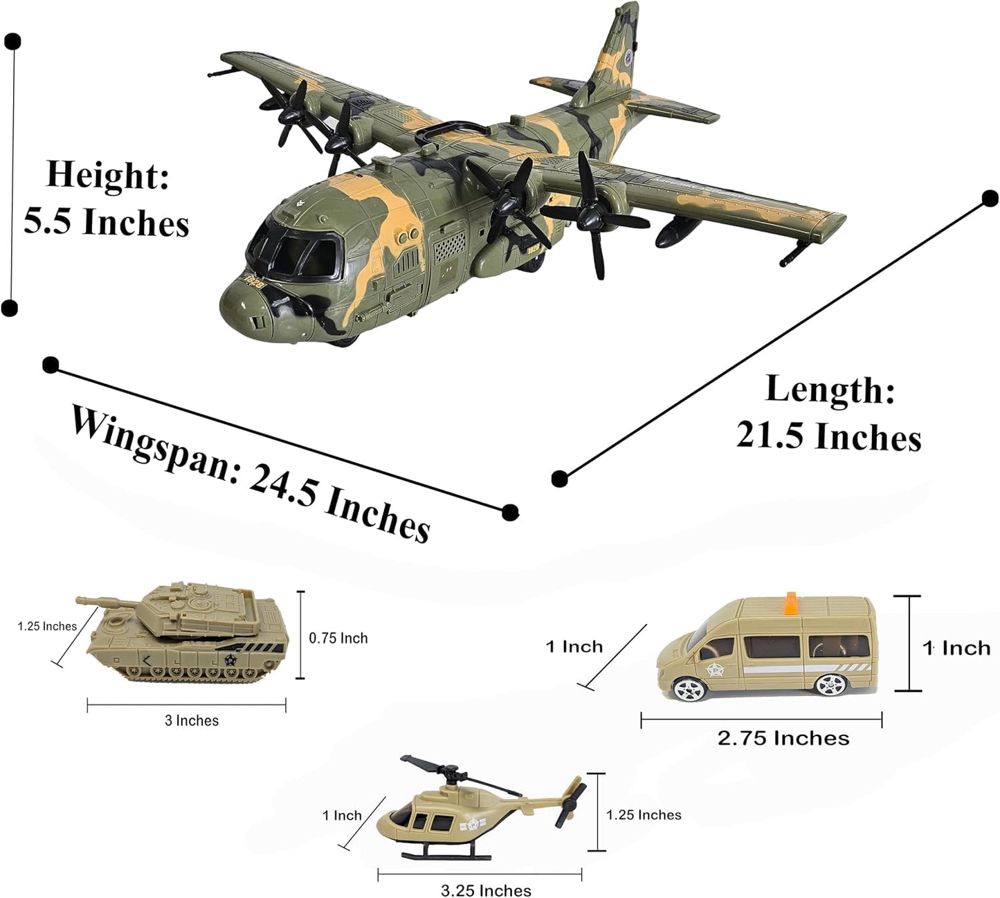 Toy Essentials Large Military 21-Inch Cargo Plane C130 Bomber Combat Air Force with Working Doors 20 Bombs and 12 Military Army Vehicles