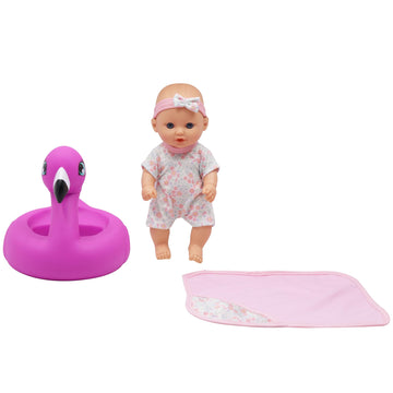 Dream Collection: 10" Bath Time Baby Doll & Flamingo Floatie Set - Onesie Outfit & Headband, Swaddle Blanket Towel, Hard Body, Water Play Toy, Kids 2+