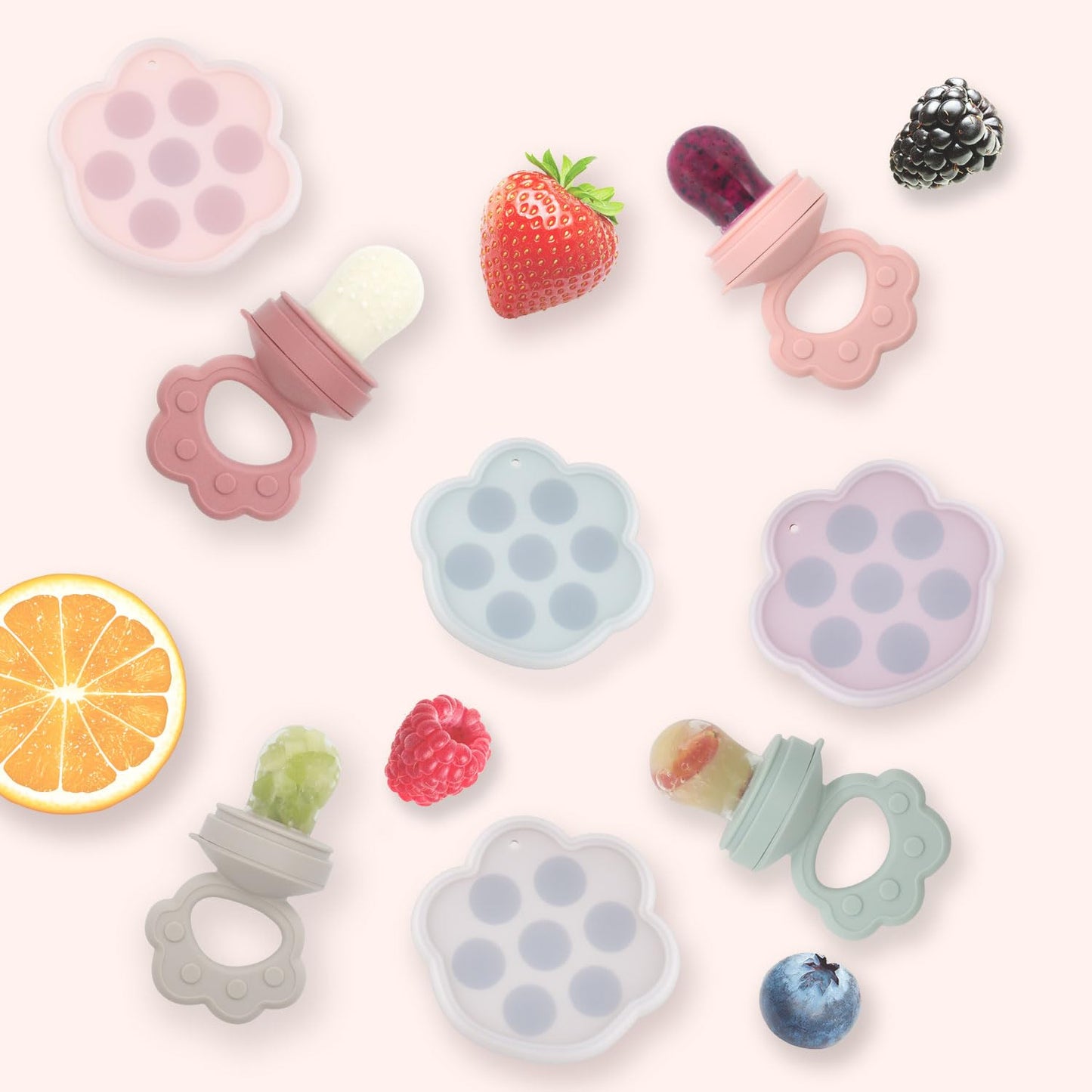 Ginbear Silicone Baby Fruit Food Feeder & Freezer Tray (Set of 2), Infant Teething Feeder Pacifiers with Baby Popsicle Molds Combo 4 Months+ (Hazy