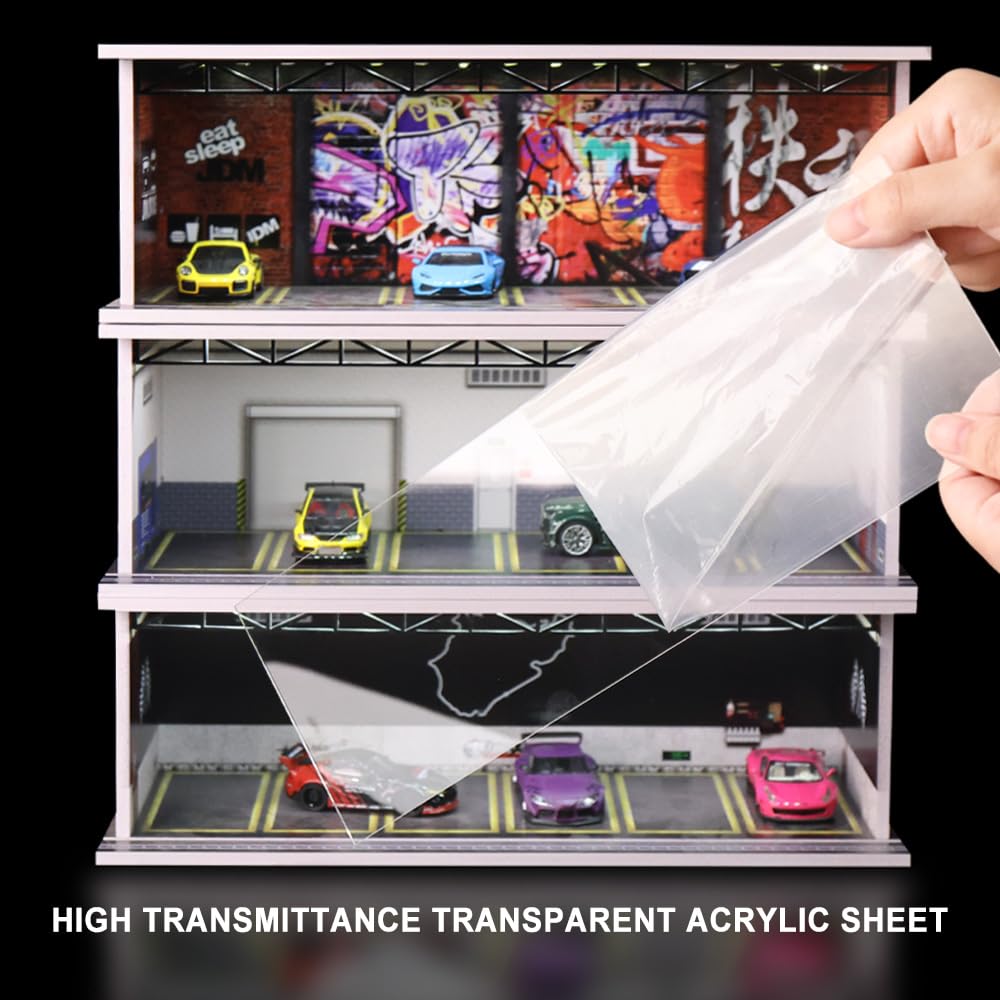 G-FANS Display Case for Hot Wheels - 1/64 Scale Die-cast Model Car Scenarios Display Case with LED Light and Acrylic Cover, Scenes Diorama Storage