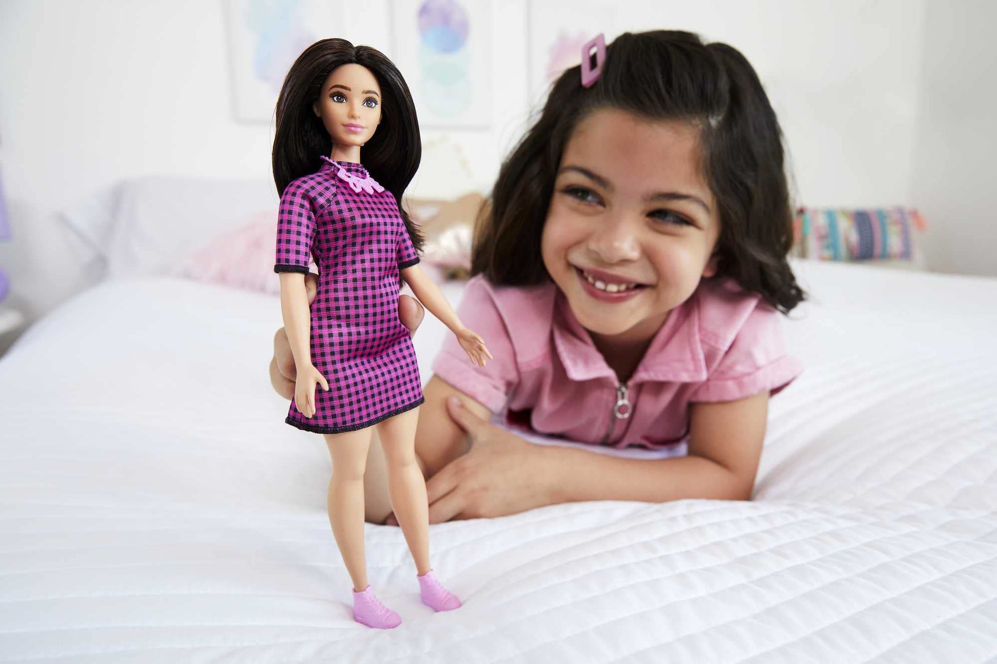 Barbie Fashionistas Doll #188, Curvy with Black Hair, Checkered Dress & Accessories Including Pink Sneakers & Necklace