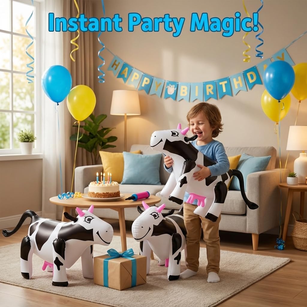 Bedwina Inflatable Cow Toys Set of 3, Cute Cartoon Inflatable Farm Animals Party Decorations, Blow Up Cow Yard Game Props for Kids Birthday
