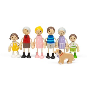Bigjigs Toys Generational Family Dolls Set of 7 Wooden Dolls House, Small Toy Families, Children, Parents, Grandparents & Dog Figures for Dollhouse