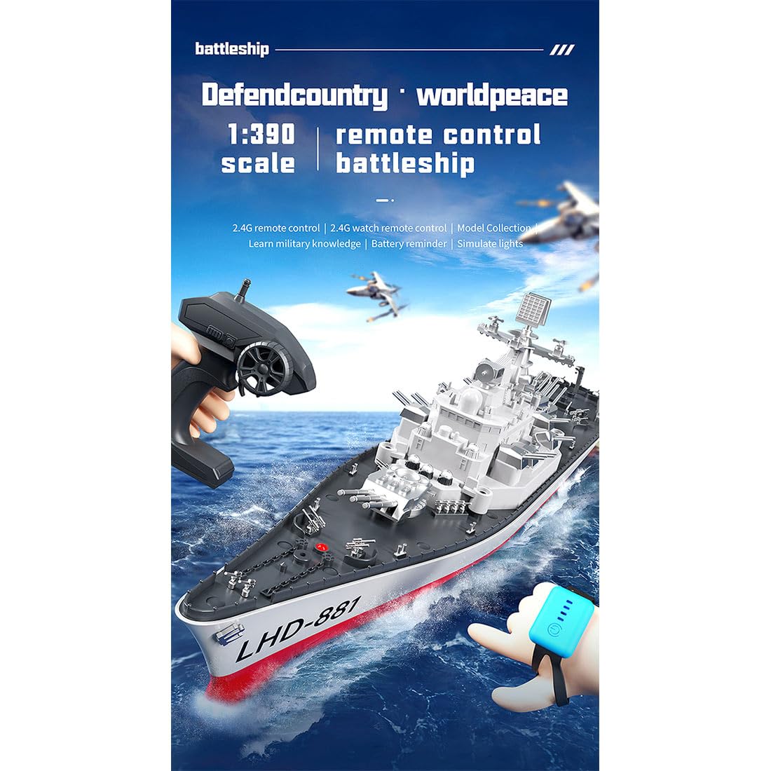 MakerTopia LHD-881 Remote Control Boat, 2.4G RC Electric High Frequency Twin-Engine Battleship Model RC Boat, RC Watercraft Model Electric Water