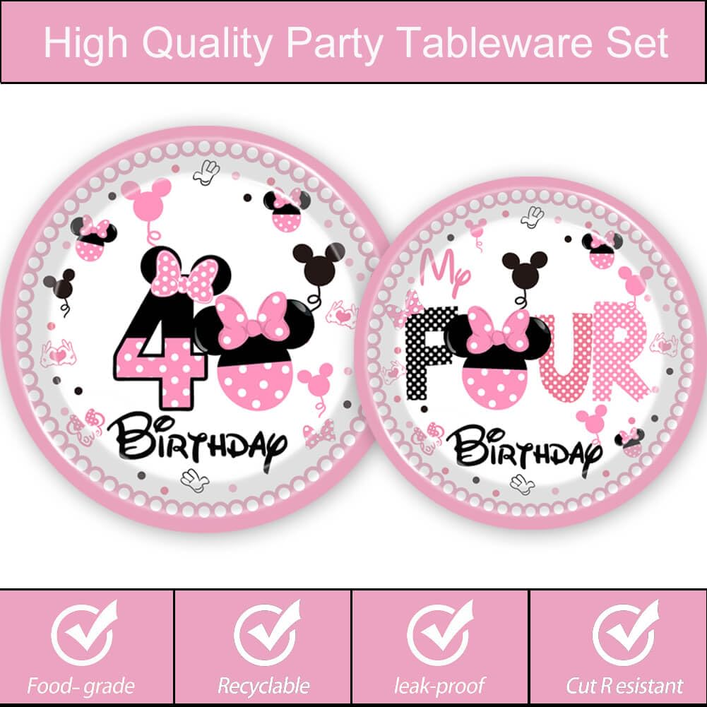 51 Pcs Pink 4th Birthday Party Decorations Girls Four Years Old Tablecloth Paper Plates Napkins Forks Dinnerware for Pink Girls Fourth Birthday Party