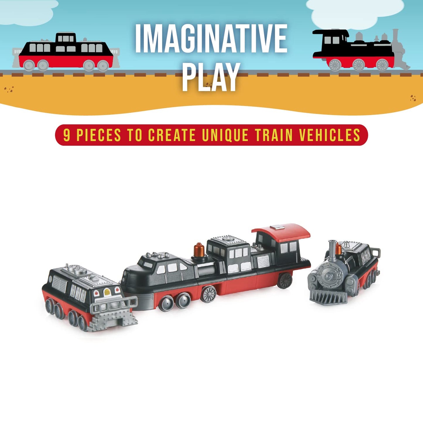 Popular Playthings Magnetic Vehicles for Toddlers 1-3, Mix or Match Car Toys, Set of 3 Gift for Kids - Train