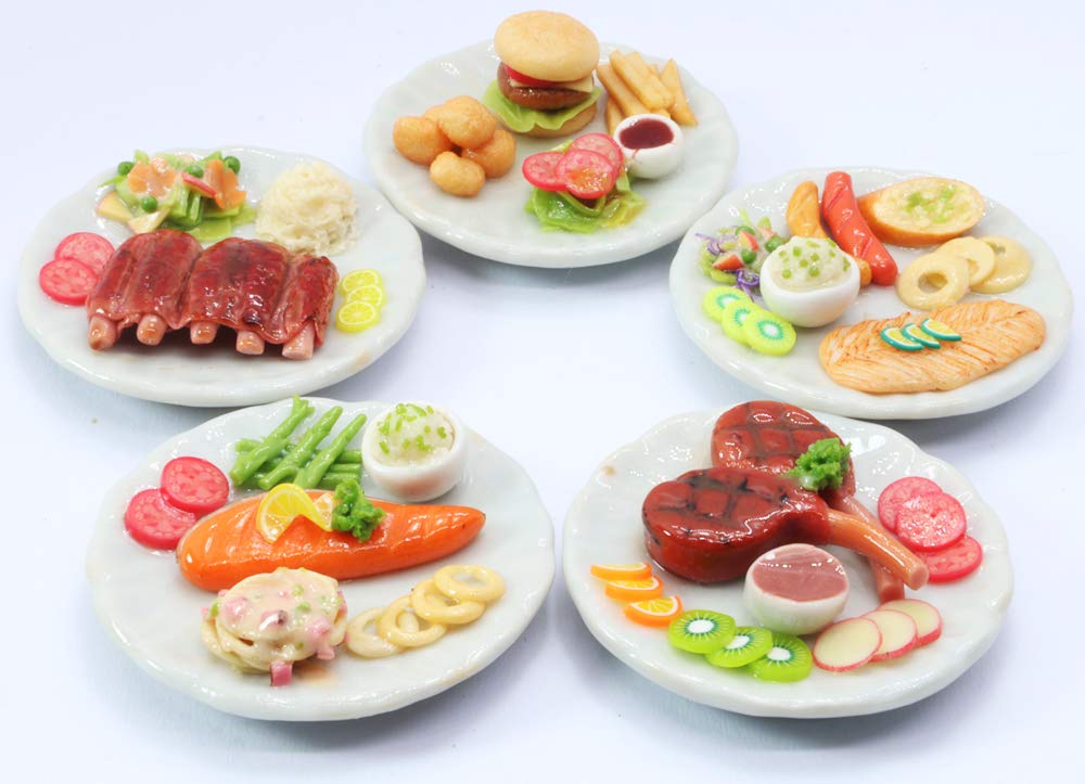 ThaiHonest Mixed 5 Assorted Dollhouse Miniature Lamb Salmon and Burger Set,Tiny Food