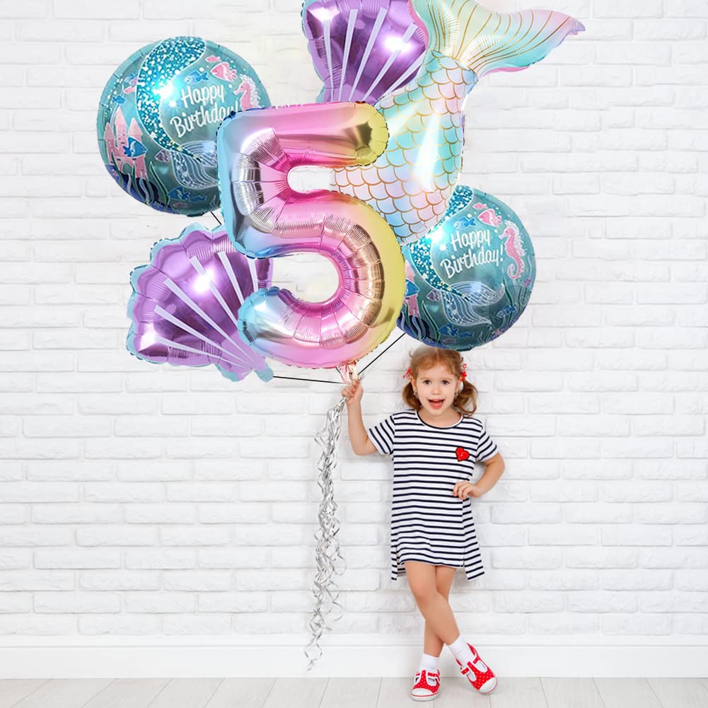 Mermaid Birthday Decoration Mermaid Balloons Kit Sea Balloon Tail Foil Balloon for Girls Party Decoration (Number 5)