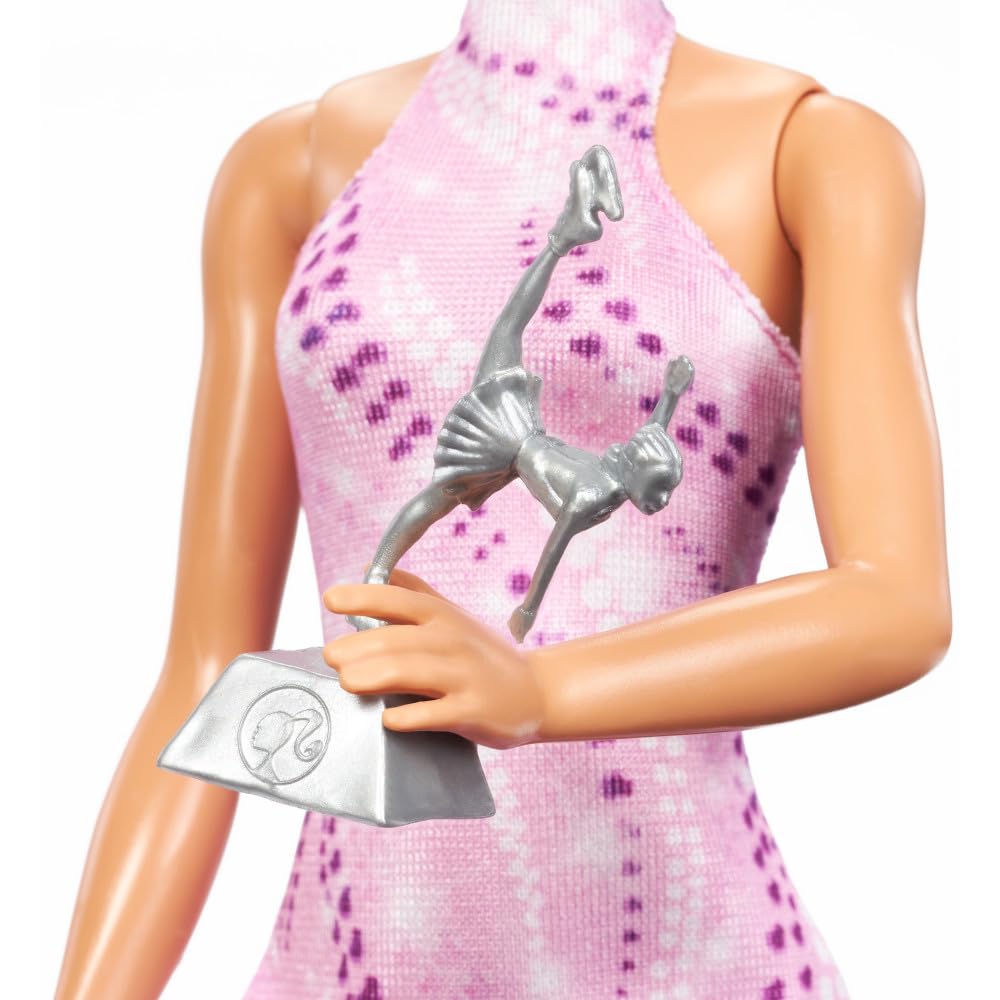 Barbie Careers Fashion Doll & Accessories, Brunette Ice Skater in Removable Pink Outfit with Ice Skates & Trophy