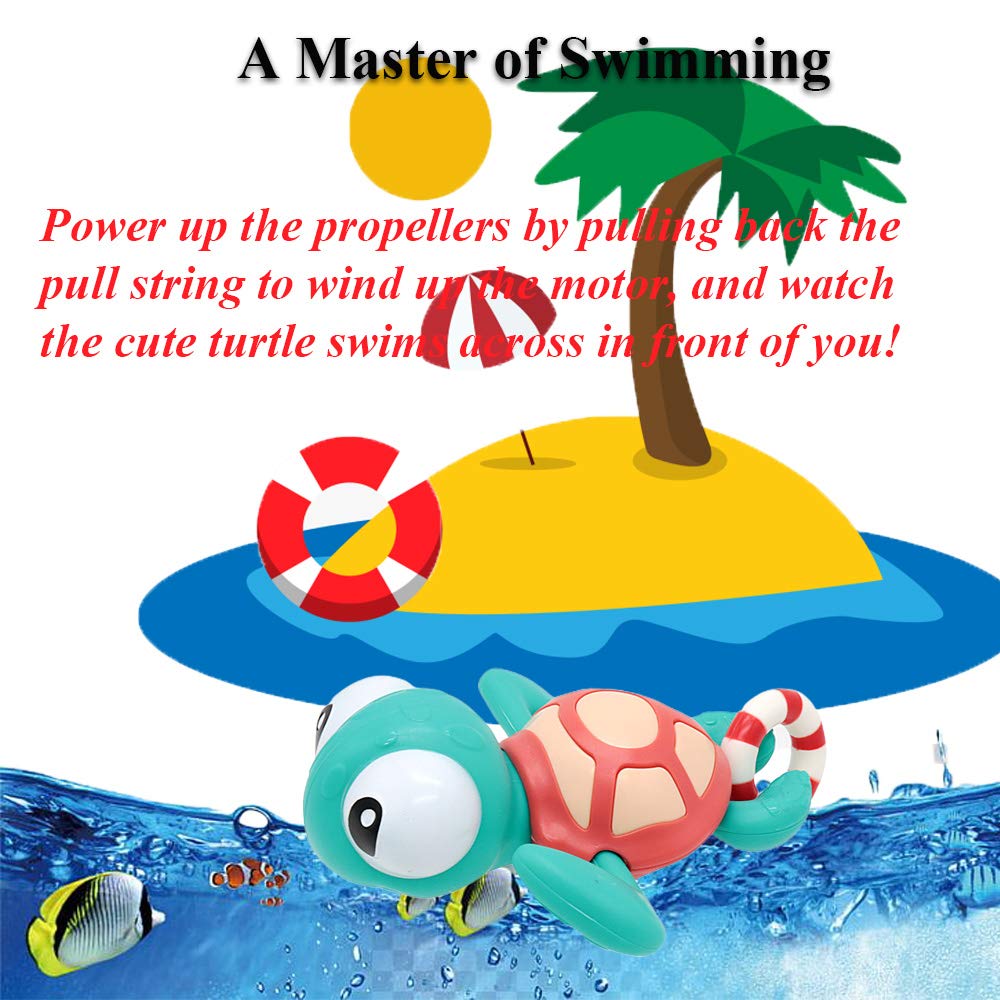 NEXTAKE Pull String Baby Bath Toy Pull & Go Turtle Cute Swimming Turtle Windup Clockwork Bathtub Toy for Toddlers