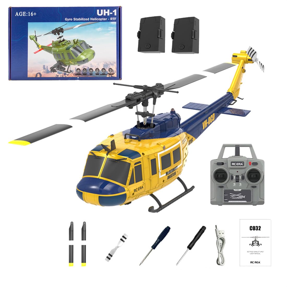 Wodoochey C032 UH-1 Huey RC Helicopter for Adults - 1/48 Scale 2.4G 6CH Flybarless Remote Control Helicopter Model, 3D Stunt Flight & High-Precision