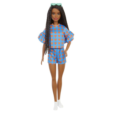 Barbie Fashionistas Doll #172 with Long Braided Black Hair, Heart Print Top & Shorts Set & Accessories Including Sneakers & Heart-Shaped Sunglasses