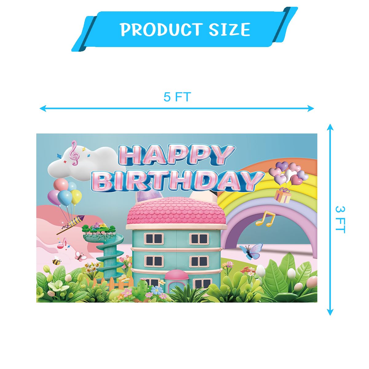 5 * 3FT Rainbow Dollhouse Birthday Party Backdrop Decorations,Rainbow Dollhouse Theme Party Supplies