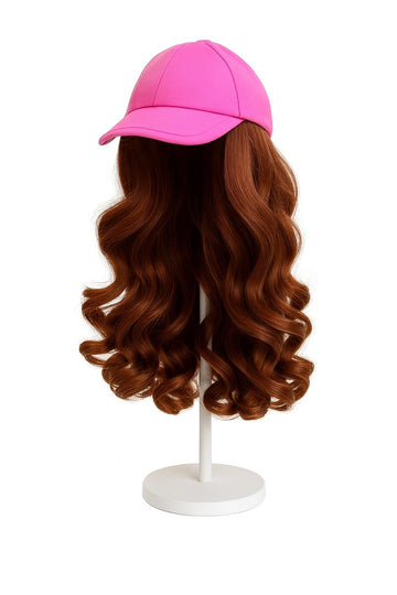 Wig Cap with Colorful Hats and Attached Hair - Fits 14-Inch and Up Dolls, Stylish Doll Accessory (Pink/Brunette)