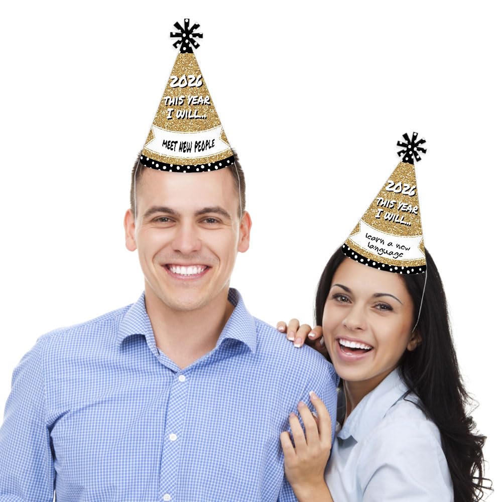 Big Dot of Happiness Pop, Fizz, Clink! - Cone Party Hats - 2026 New Year's Eve Resolution Cone Party Hat for Kids and Adults - Set of 8 (Standard